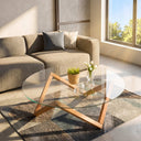 Round Glass Coffee Table with Solid Wood Prismatic Legs