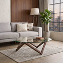 Round Glass Coffee Table with Solid Wood Prismatic Legs
