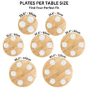 Diagram showing different plate sizes on a table with measurements in inches and centimeters.