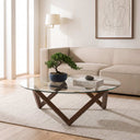 Round Glass Coffee Table with Solid Wood Prismatic Legs