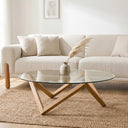 Round Glass Coffee Table with Solid Wood Prismatic Legs