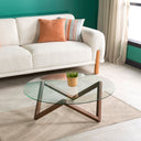 round glass coffee table, glass coffee table with wood legs  1