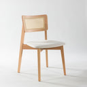 rattan back dining chair, solid wood dining chair with upholstered seat 
