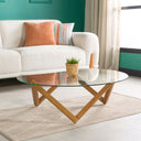round glass coffee table, glass coffee table with wood legs 3